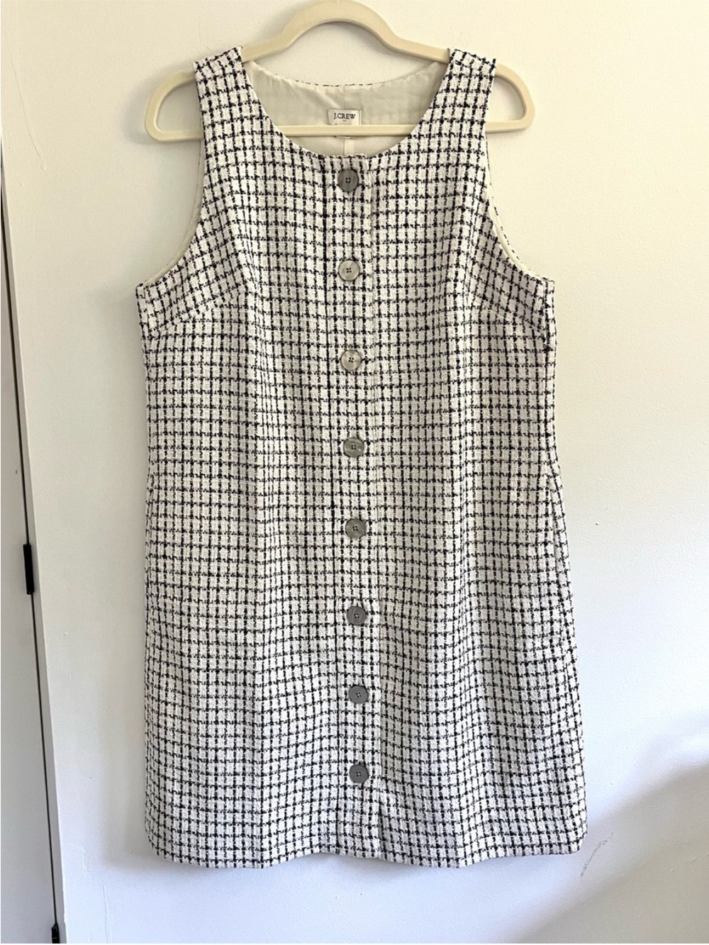 J. Crew Black White Tweed Houndstooth Button Front Sleeveless Dress Preppy 14